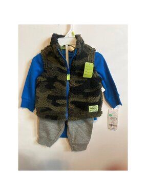 Baby Boys Cozy 3-Piece Camo Vest Blue Shirt & Gray Pants Outfit Set size 3 Month